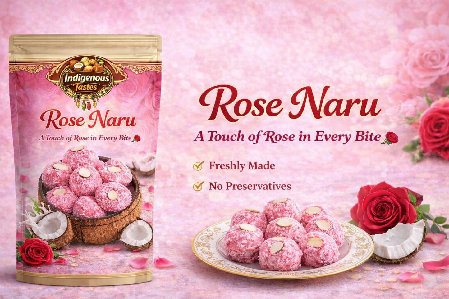 Rose Coconut Naru - Traditional Homemade Bengali sweet (300g)